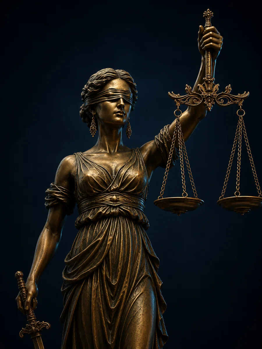 Estátua da Justiça em bronze, segurando a balança em equilíbrio